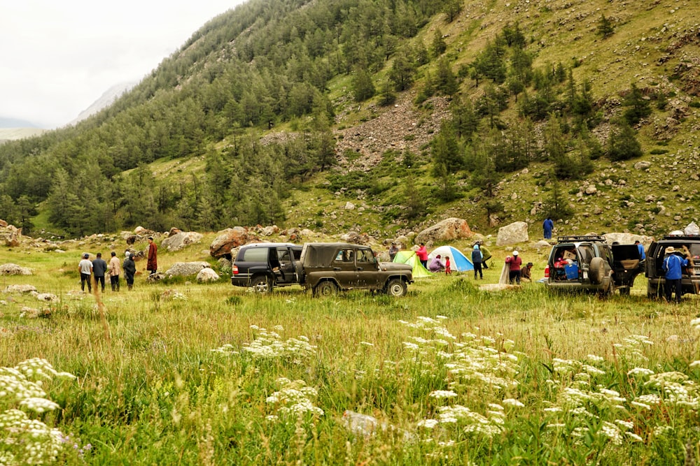 people sitting on grass field near cars and mountains during daytime