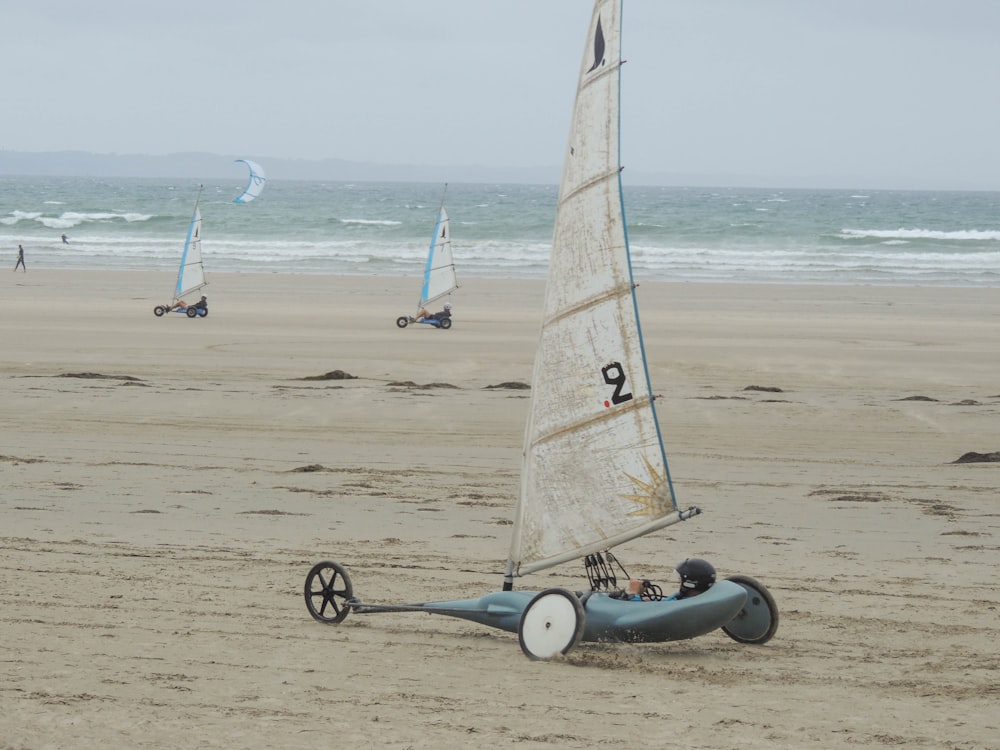 white and black sail boat on beach during daytime