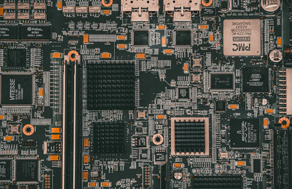 Close-up view of a complex electronic circuit board