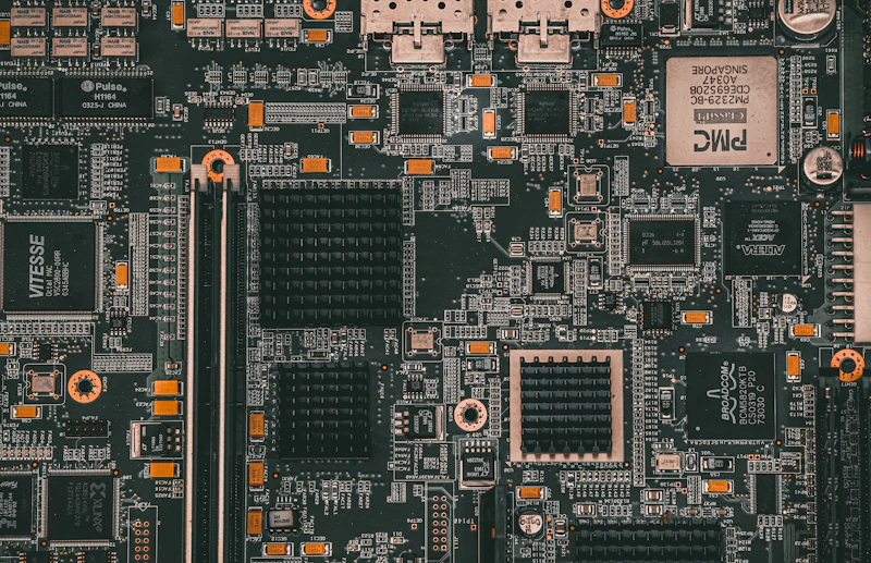 Close-up view of a complex electronic circuit board