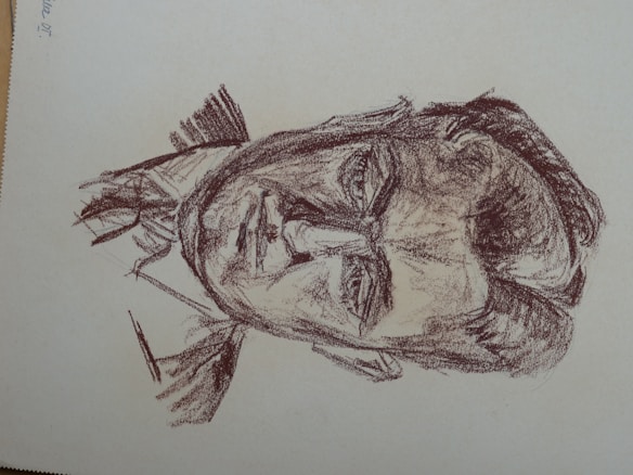 A sketch of a man drawn with rough, dark lines. The image focuses on detailed facial features, including deep-set eyes and a stern expression. The drawing style is reminiscent of classic charcoal or pencil sketches, with a textured and slightly chaotic appearance.