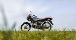 black and red naked motorcycle on green grass field