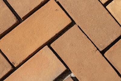 A close-up view of a brick pavement with rectangular bricks arranged in a herringbone pattern. The bricks have a textured surface with small visible grains and slight color variations.