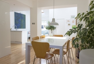 An elegant dining area featuring Scandinavian furniture.