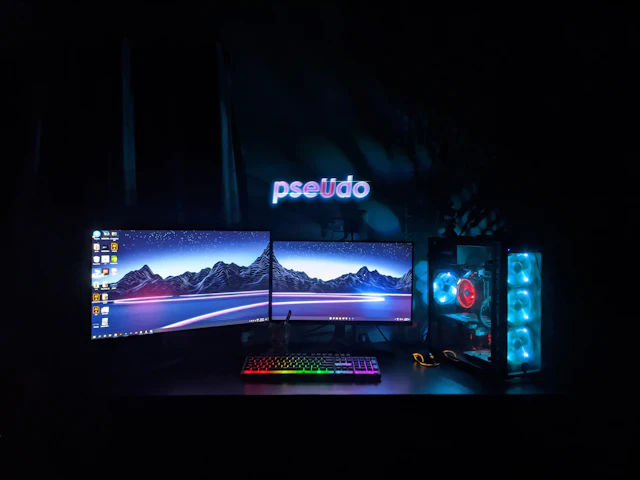 Dark gaming setup with moody ambient lighting