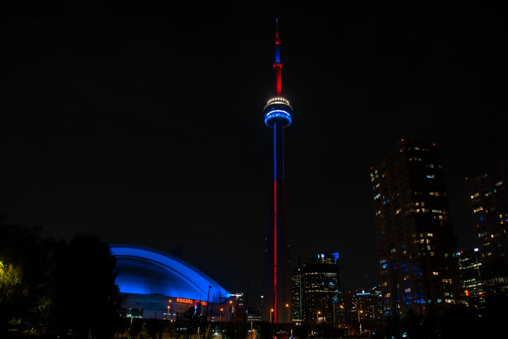 city skyline during night time