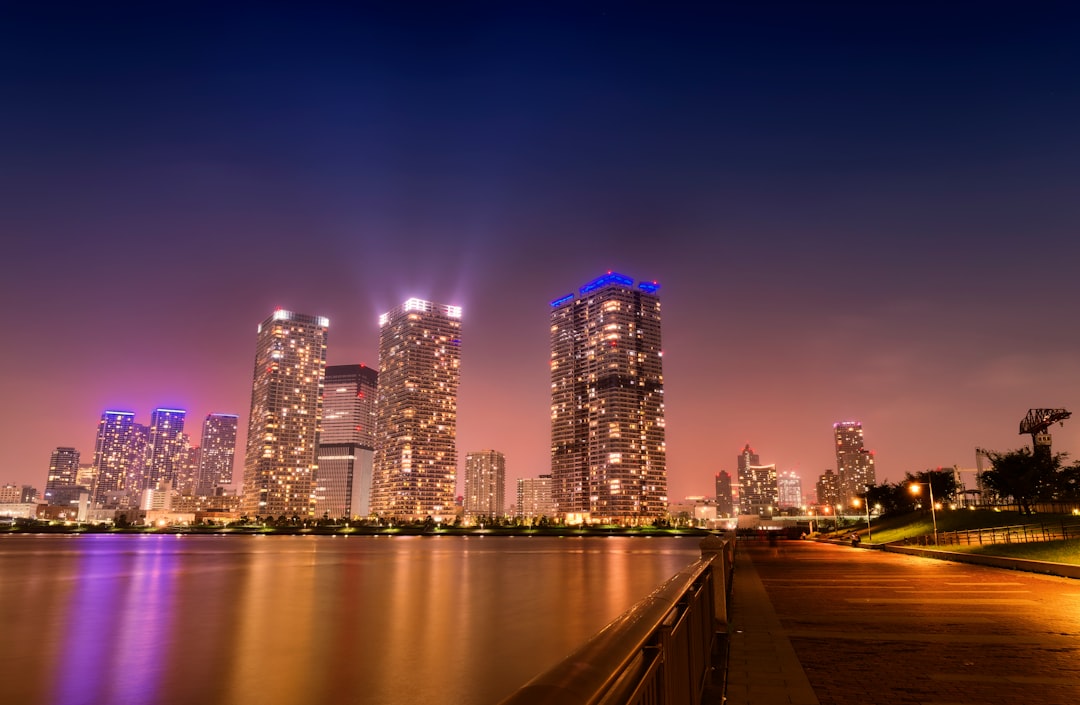 city skyline during night time