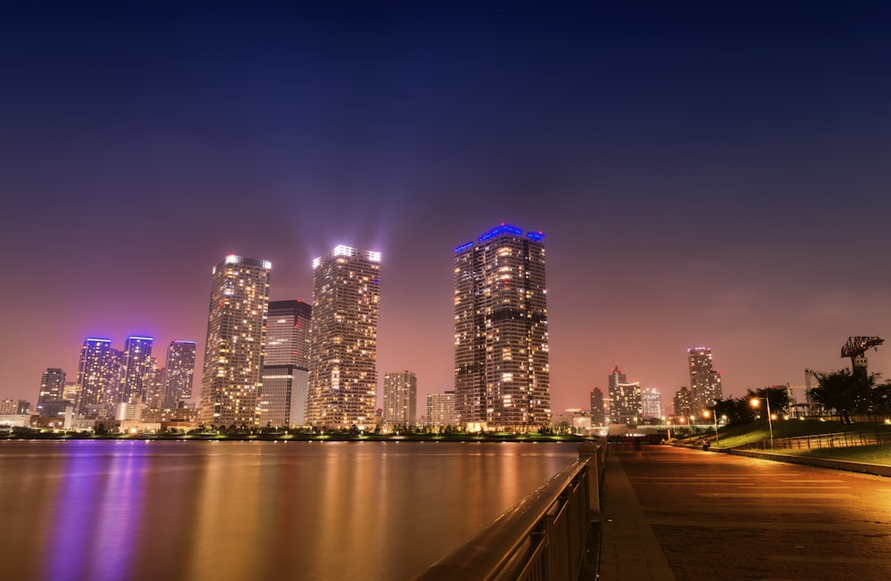 city skyline during night time