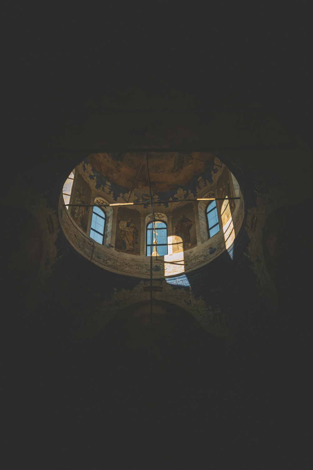 blue and brown glass window