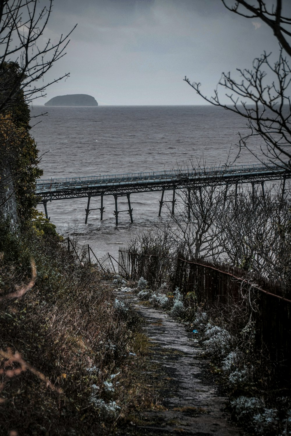 braune Holzbrücke über das Meer tagsüber