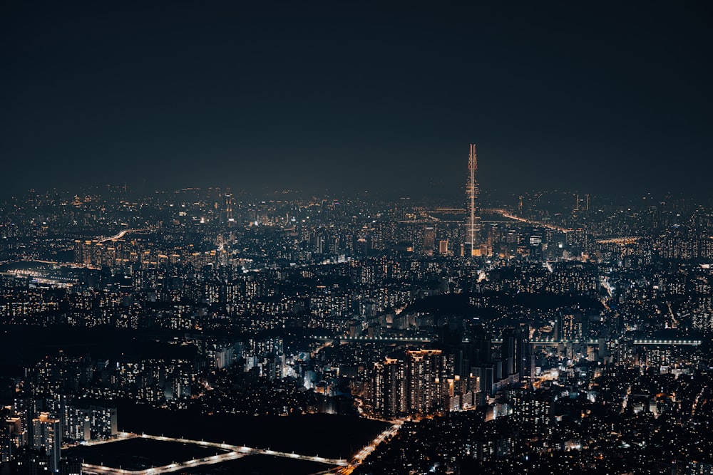 city skyline during night time