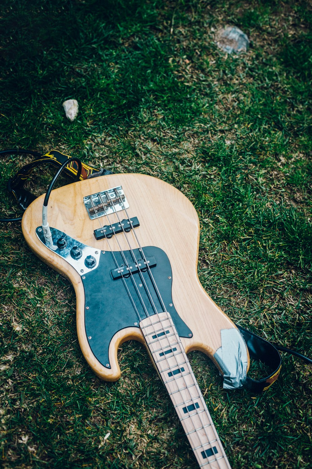 brown and black electric guitar on green grass