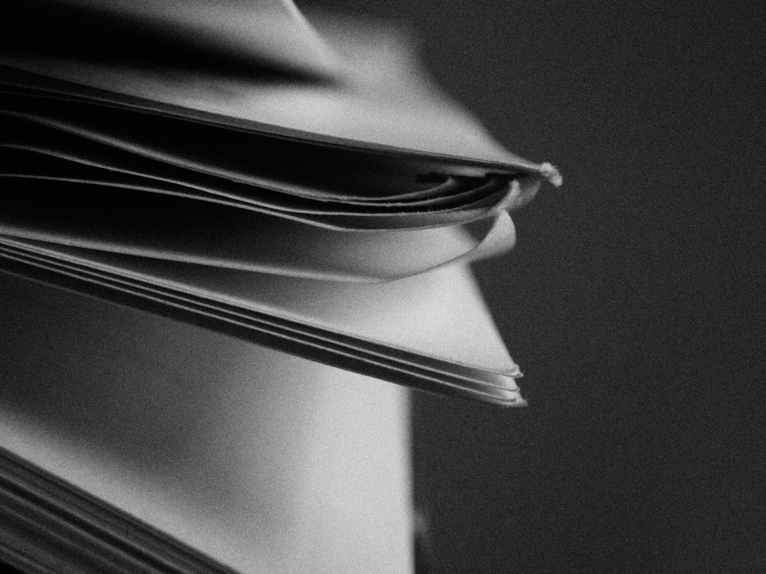The cut edges of a thick section of folded pages catching a hard side light against black
