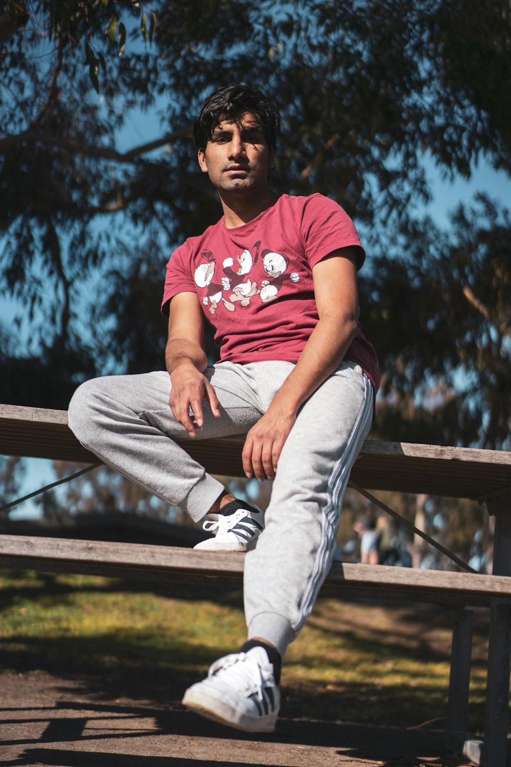 man in red crew neck t-shirt sitting on brown wooden bench during daytime