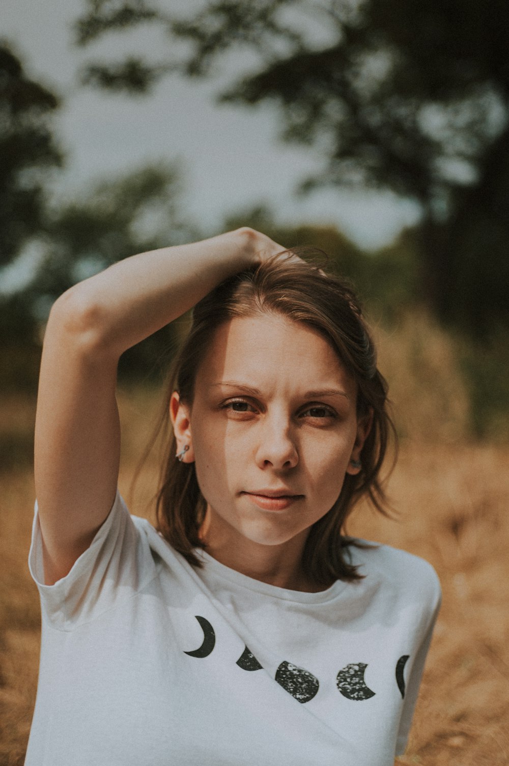 woman in white crew neck t-shirt