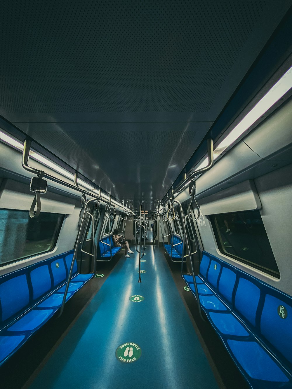 blue and white train interior