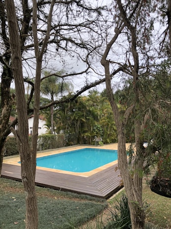 A serene backyard pool surrounded by soft green tropical plants and natural wood decking under moody, overcast skies.