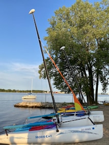 Catamarans are parked on a sandy shore beside a calm body of water. A colorful sail is attached to one of the boats. The background features a large tree and another sailboat anchored in the water. The sky is clear and blue, suggesting pleasant weather.
