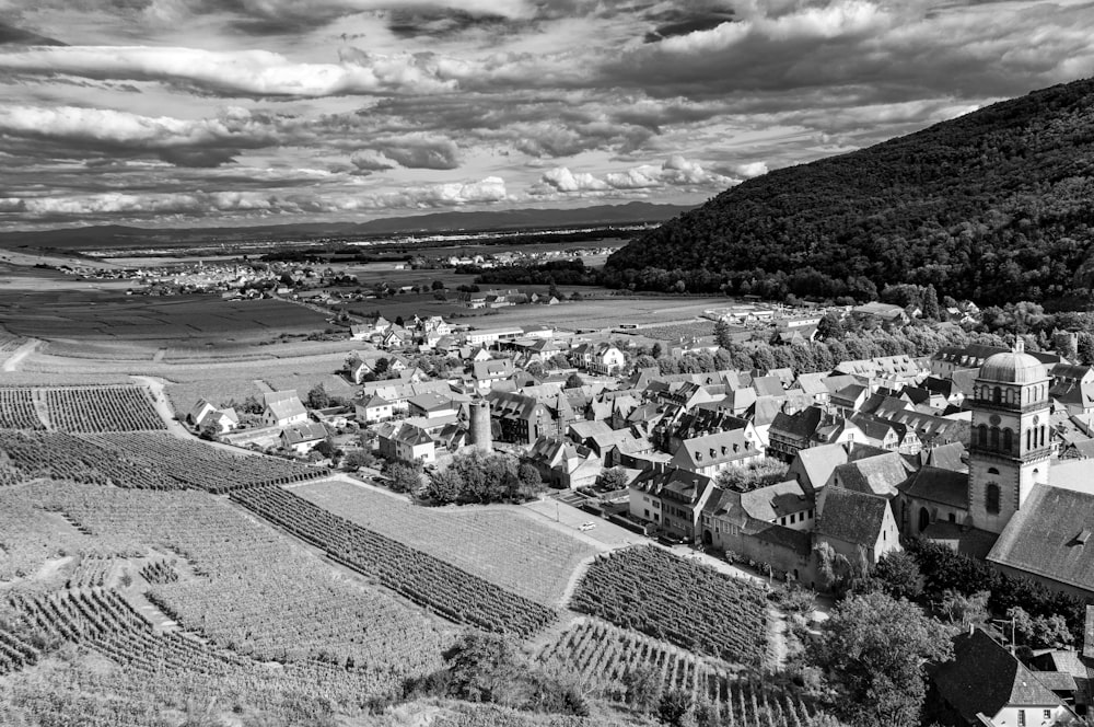 grayscale photo of houses near body of water