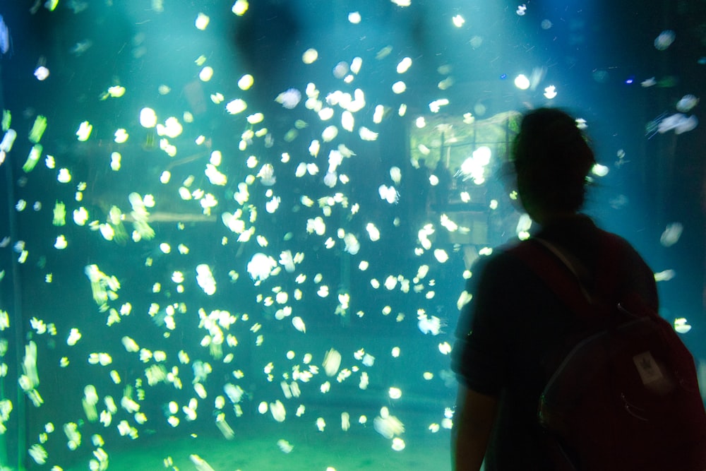 man in black shirt standing in front of blue lights