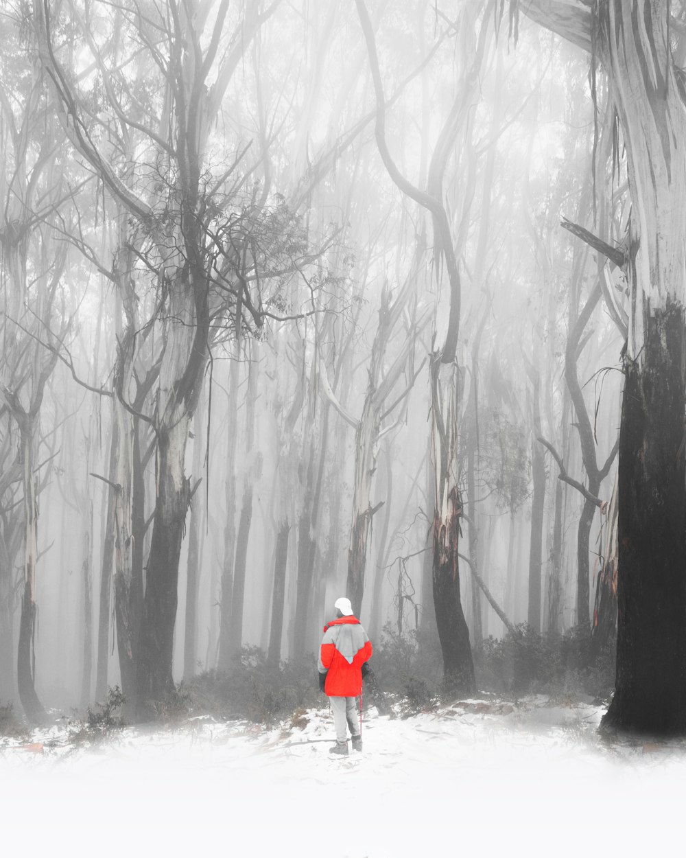 person in red jacket walking on snow covered ground
