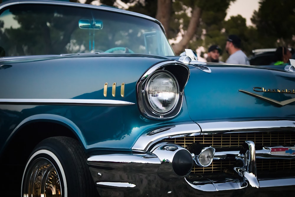 blue classic car in tilt shift lens