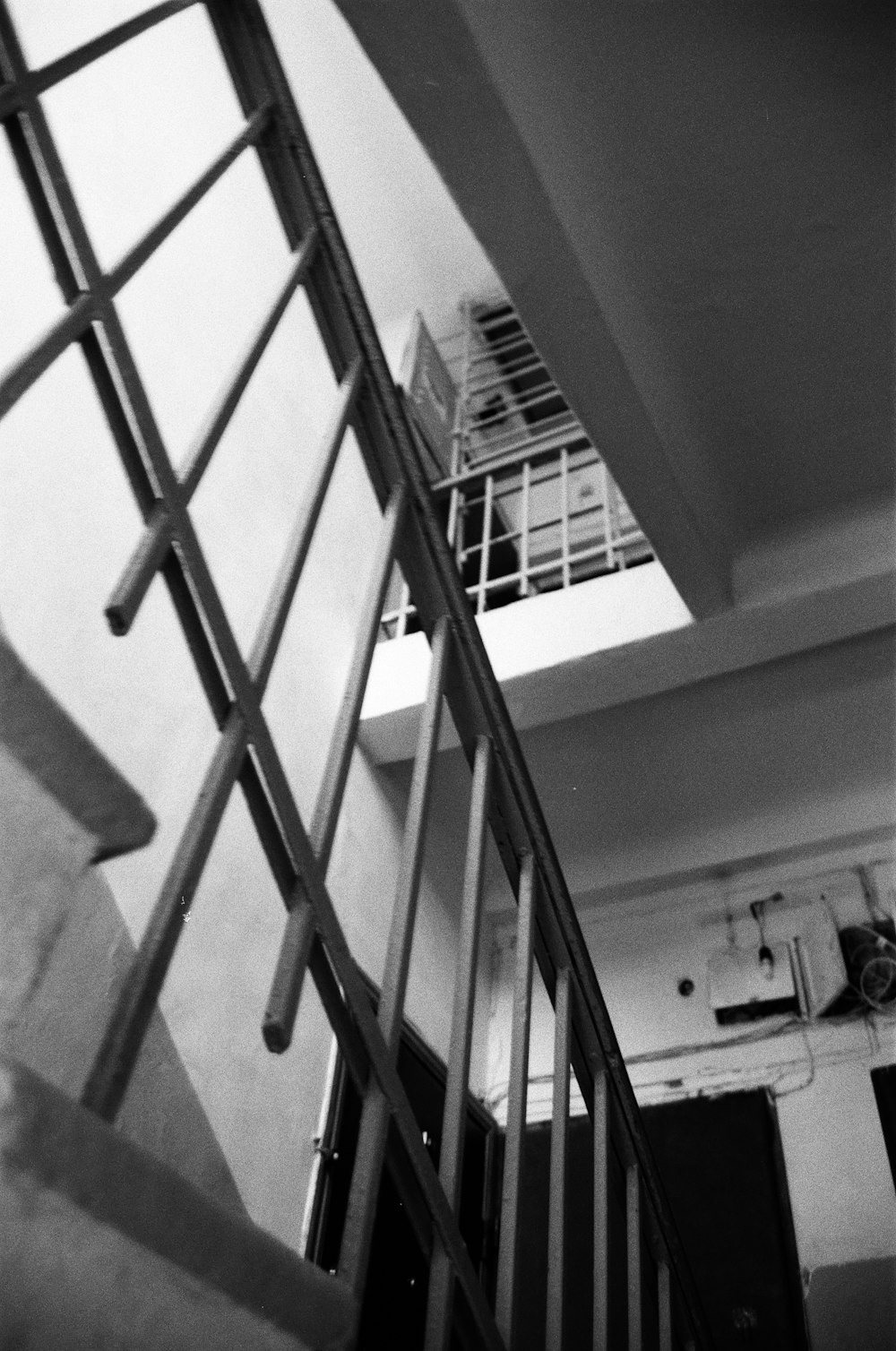gray scale photo of staircase