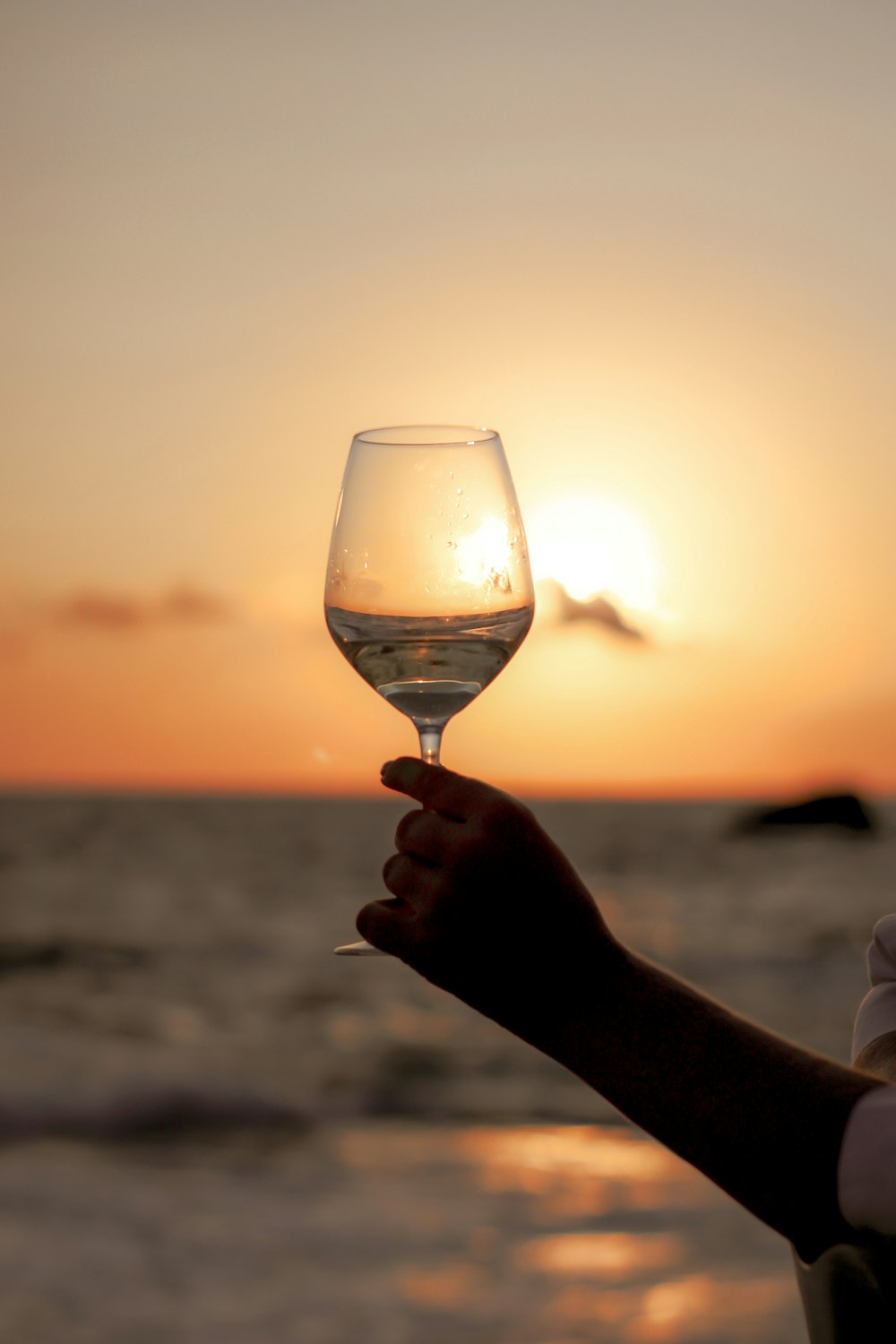 person holding clear wine glass during sunset