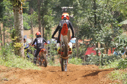 A group of riders on racers navigating a forest trail in Mineral del Chico under a bright orange sunset.