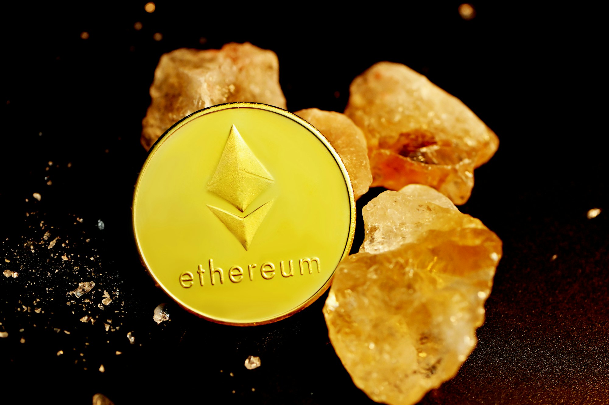 An Ethereum coin surrounded by crystals