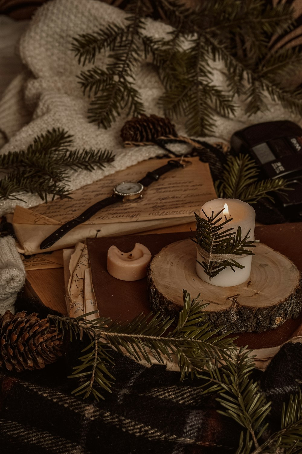 brown and white pine cone and brown wooden cross