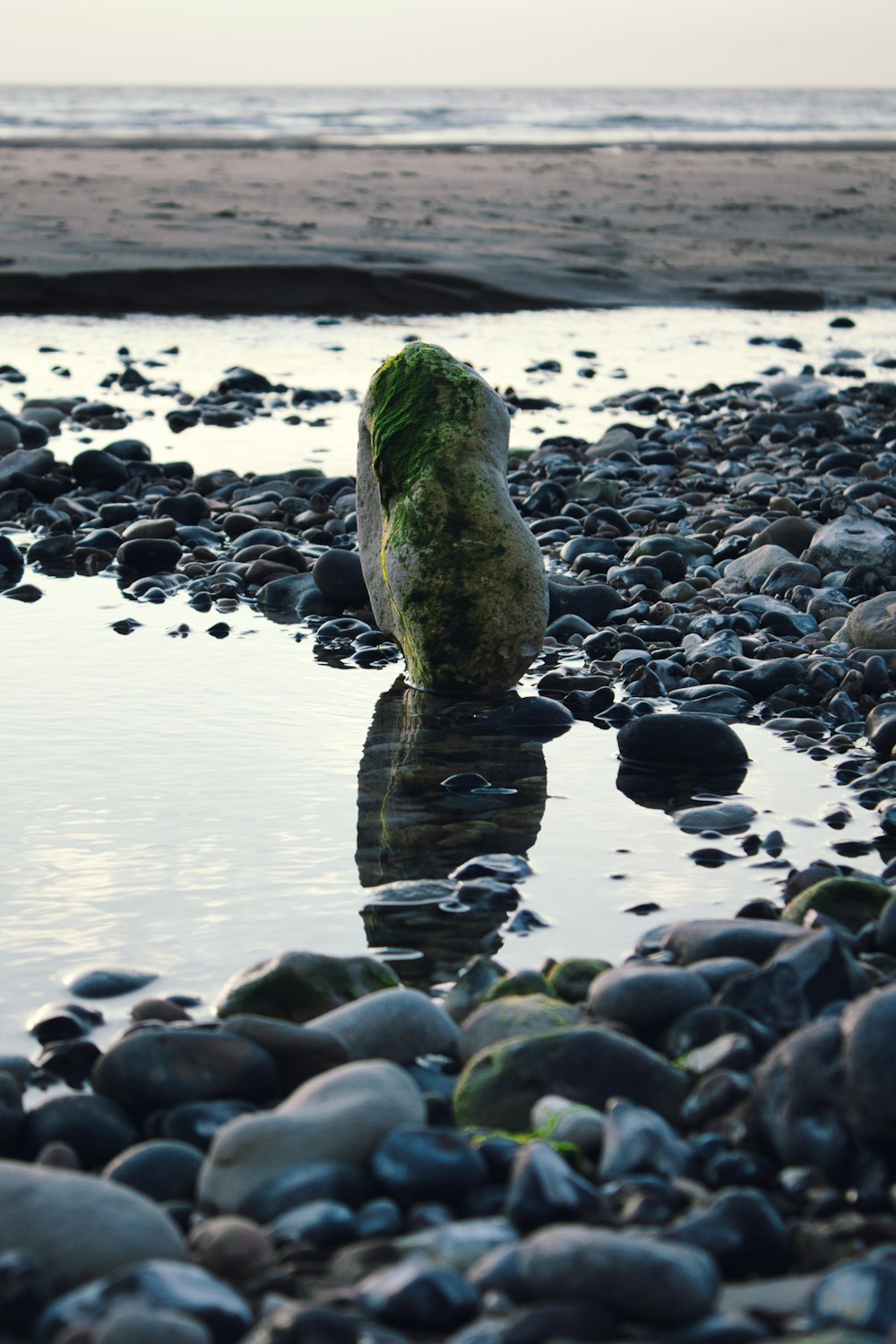 uma rocha sentada no topo de uma praia ao lado de um corpo de água