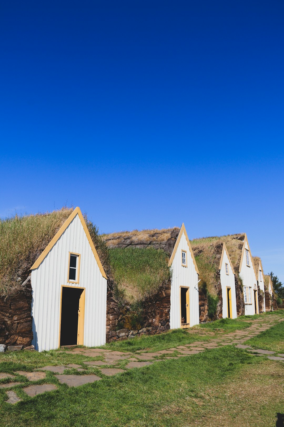 white wooden houses on green grass field under blue sky during daytime