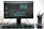 A computer monitor showing a video editing software interface, with timelines, video clips, and audio mixers visible. A keyboard and mouse are placed in front of the monitor on a clean desk. A small potted plant is situated on the right side, adding greenery to the workspace.