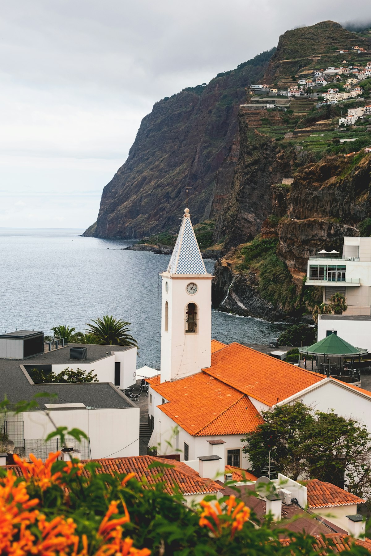 Aerial view of Madeira island coastline with Atlantic Ocean