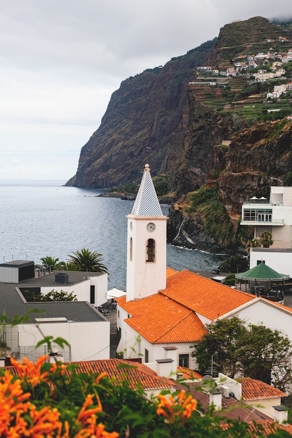 Aerial view of Madeira island coastline with Atlantic Ocean