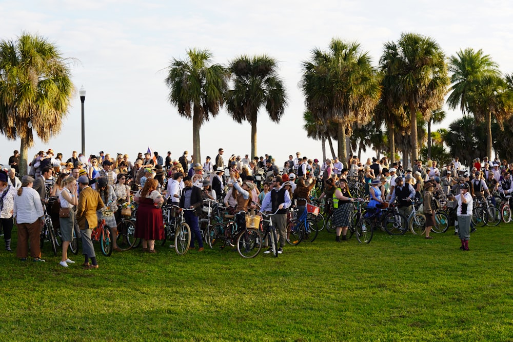 people riding bicycles on green grass field during daytime