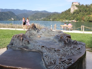 A bronze relief map focusing on the foreground, with detailed topographic features depicted, overlooking a scenic lake. In the background, a couple sits on a bench by the water, enjoying the view. Two individuals walk along a path parallel to the lake. A castle is perched on a hill surrounded by lush greenery on the right, with mountains in the distance.
