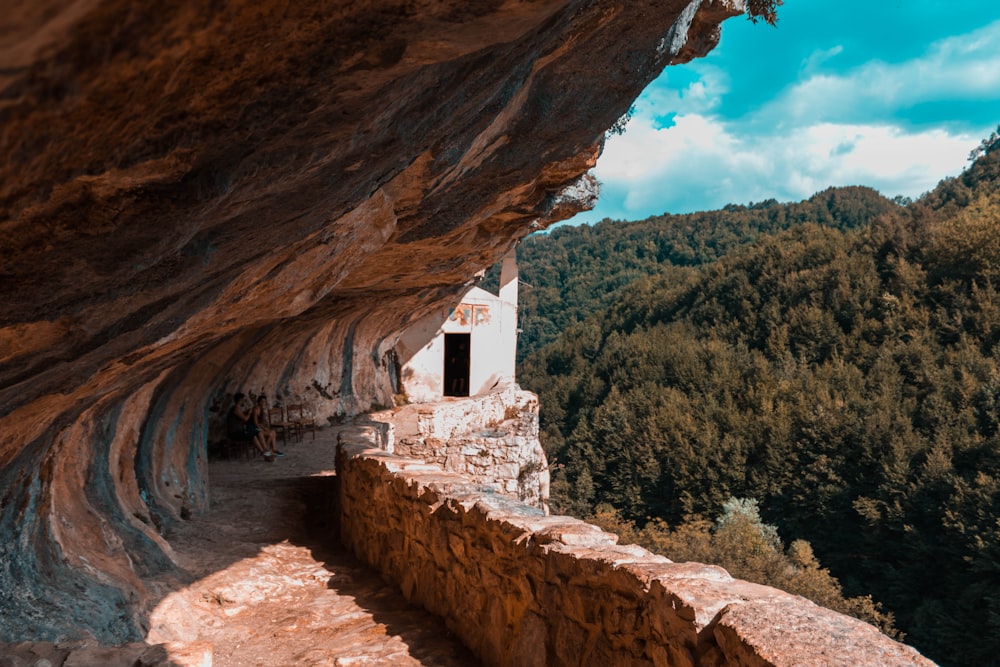 brown rock formation near green trees during daytime