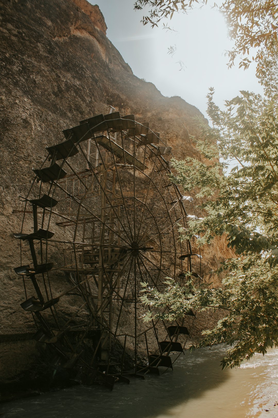 brown wooden wheel near trees during daytime