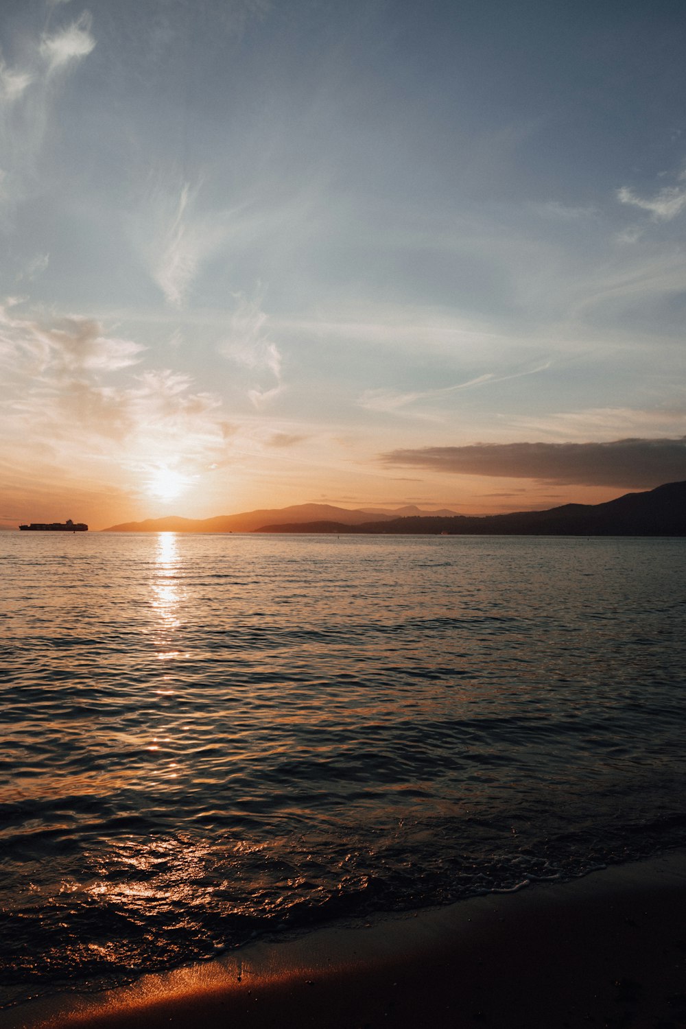 body of water during sunset