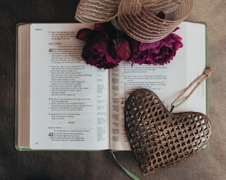 brown woven hat on white book page