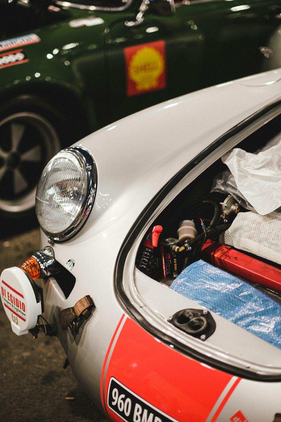 white and red car engine