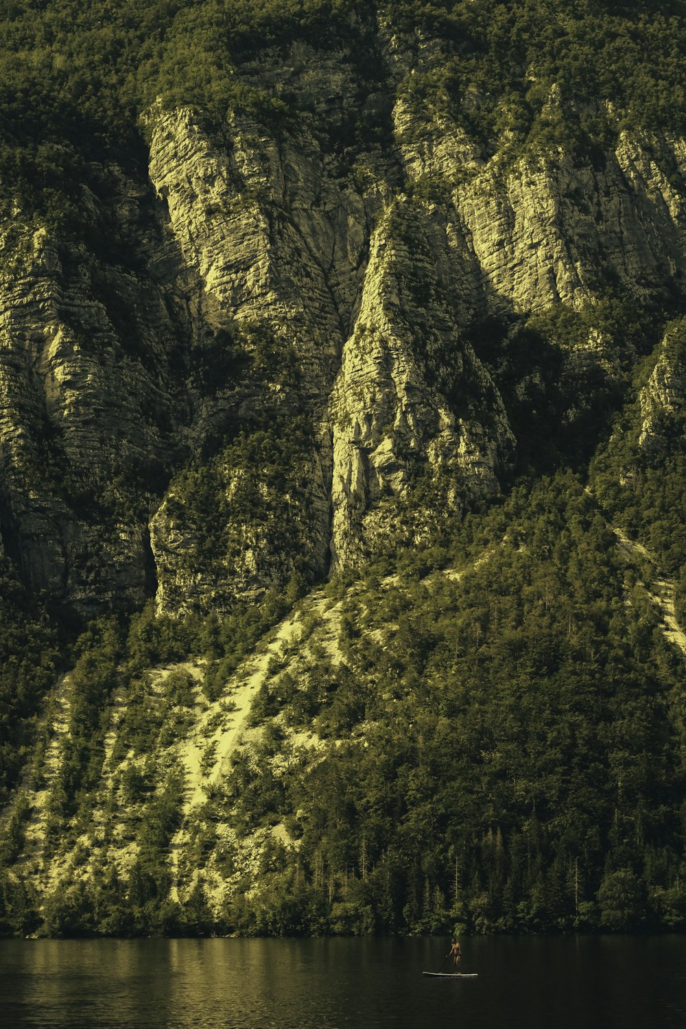 water falls in the middle of rocky mountain