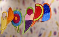 red blue and yellow heart shaped hanging decor
