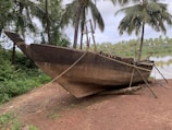 An old, weathered wooden boat is positioned on the shore, surrounded by lush greenery and palm trees. The boat is propped up with logs and appears to be undergoing repairs or maintenance. The background features a calm body of water, possibly a river or lake, under a cloudy sky.