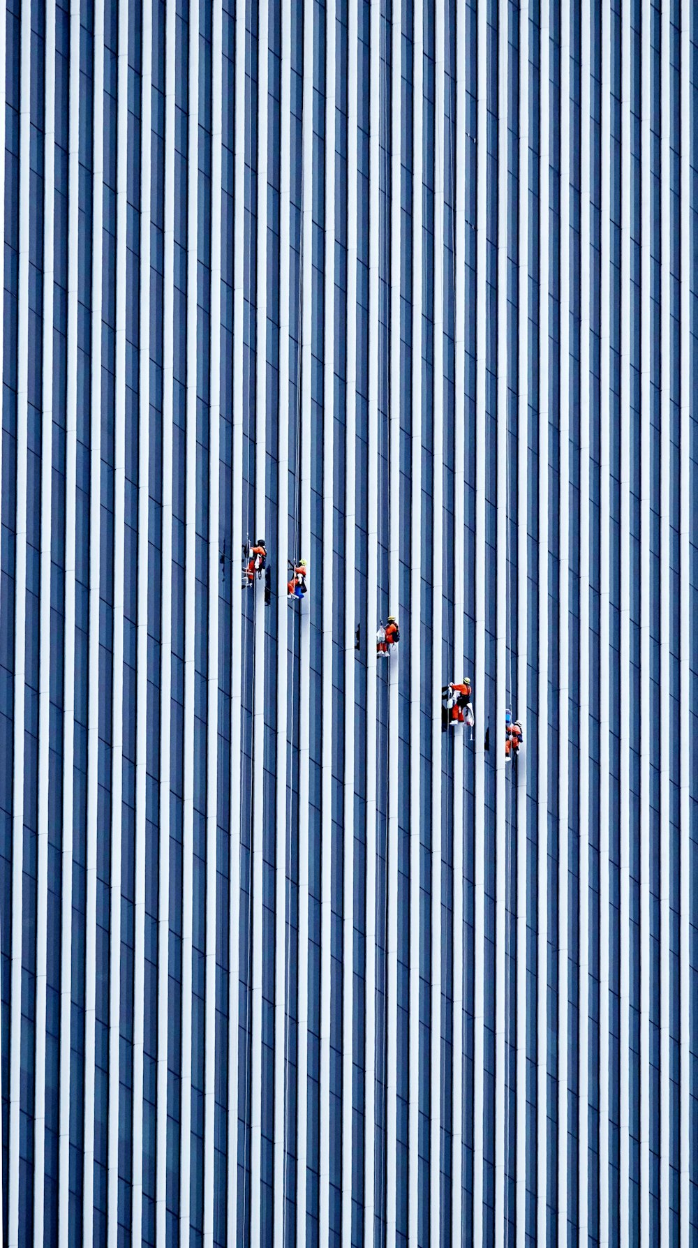 people walking on white and blue striped wall