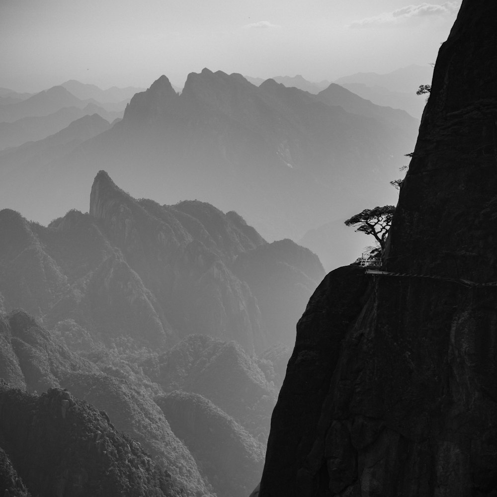 gray scale photo of mountains