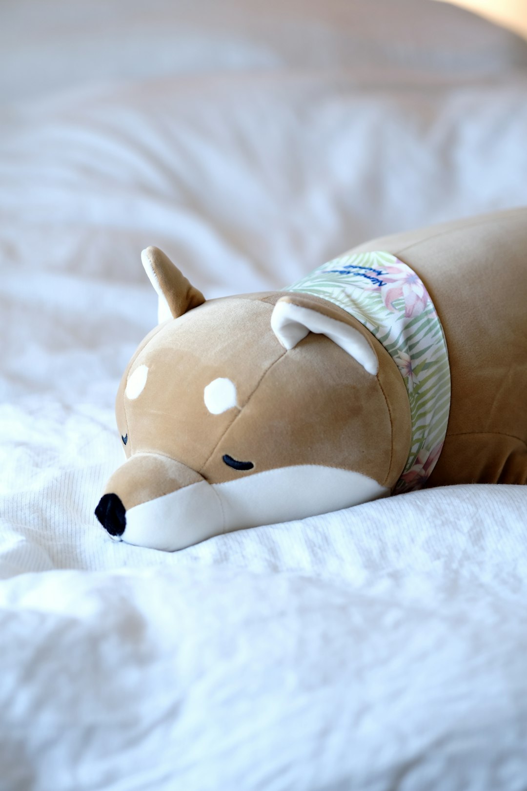 brown and white dog plush toy on white textile