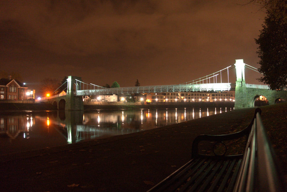 Trent Bridge over the River Trent at West Bridgford, Rushcliffe, illuminated at night